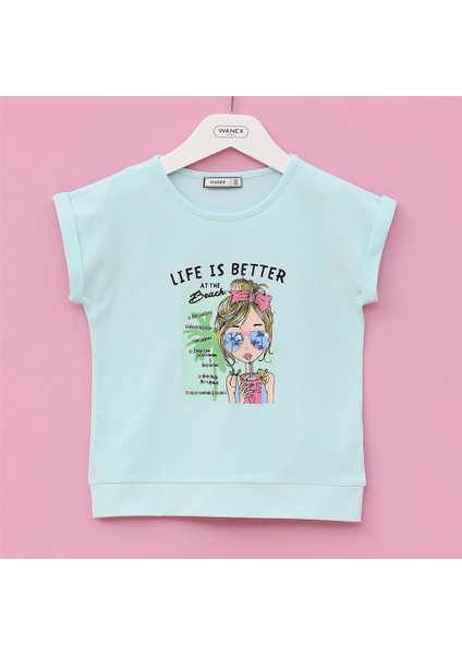 Kız Çocuk O Yaka Kısa Kol Yazlık Tişört - (3 Yaş-8 Yaş) - 31085 - Açık Mint