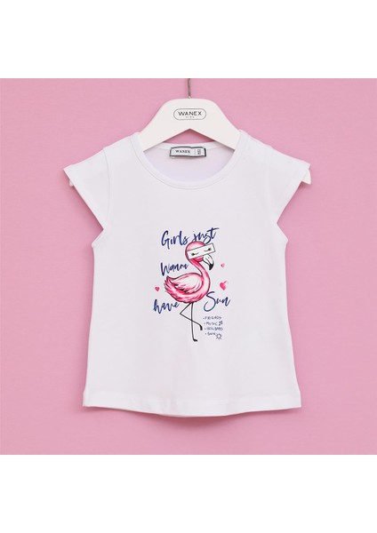 Kız Çocuk Kısa Kol Bisiklet Yaka Tişört - 32213 - Beyaz