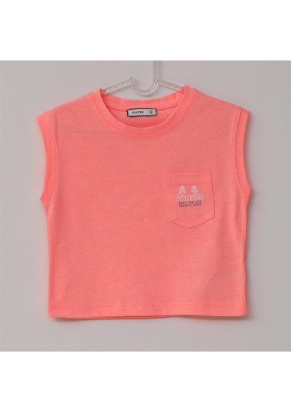 Kız Çocuk Sıfır Kol Bisiklet Yaka Tişört - 32319 - Neon Pembe