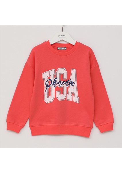 Kız Çocuk Uzun Kol Kalın Bisiklet Yaka Tişört - 32251 - Nar Çiçeği