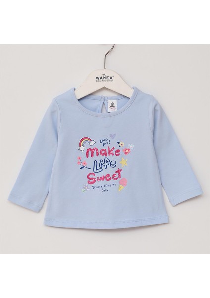 Kız Çocuk Uzun Kol Ince Bisiklet Yaka Tişört - 32381 - Mavi
