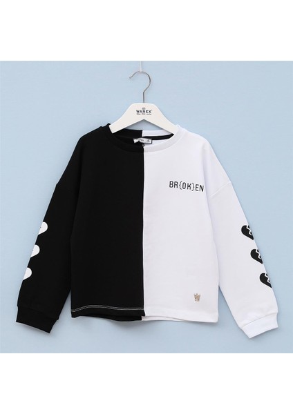 Kız Çocuk Şardonsuz Uzun Kol Ince Bisiklet Yaka Tişört - 31711 - Beyaz - Turuncu