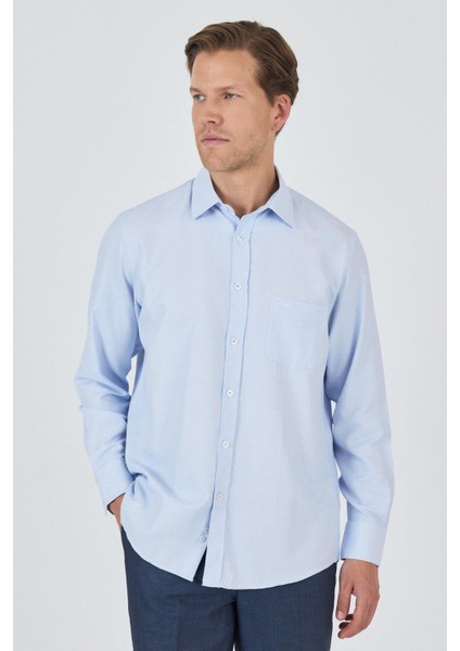 Koyu Mavi Sert Yaka Kendinden Desenli Classic Pamuklu Comfort Fit Gömlek 1004250220