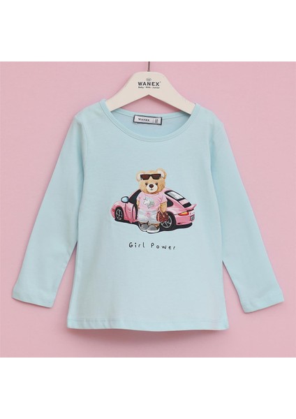 Kız Çocuk Uzun Kol Ince Bisiklet Yaka Tişört - 32297 - Mint Yeşili