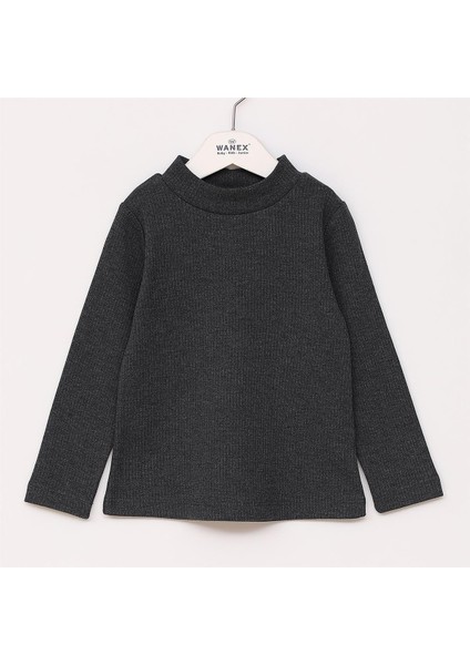 Kız Çocuk Uzun Kol Ince Bisiklet Yaka Tişört - 32242 - Antrasit