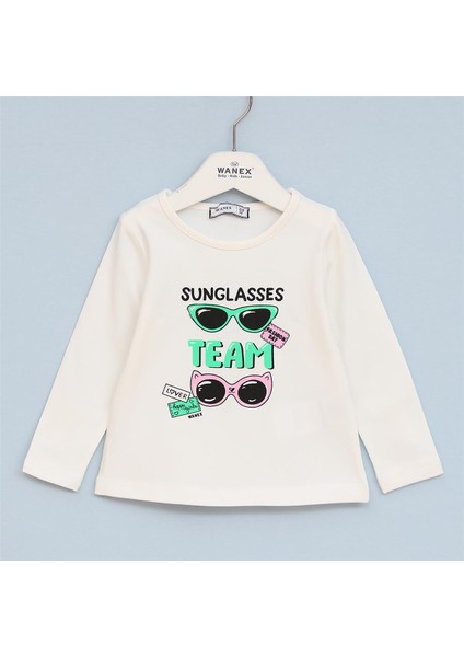 Kız Çocuk Uzun Kol Ince Bisiklet Yaka Tişört - 32205 - Vanilya
