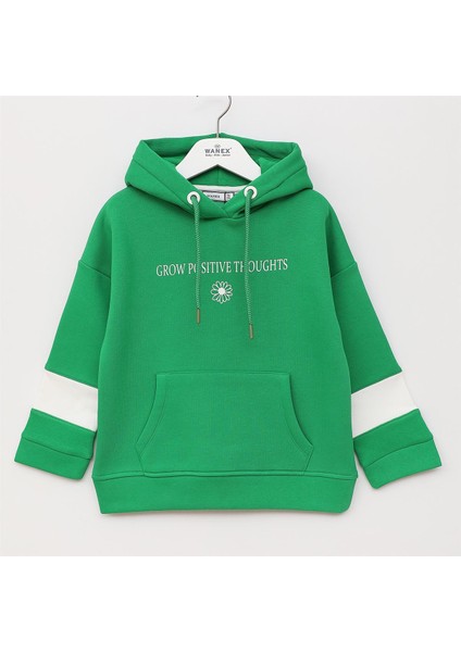 Kız Çocuk Şardonlu Uzun Kol Kalın Kapşonlu Tişört - 32398 - Yeşil
