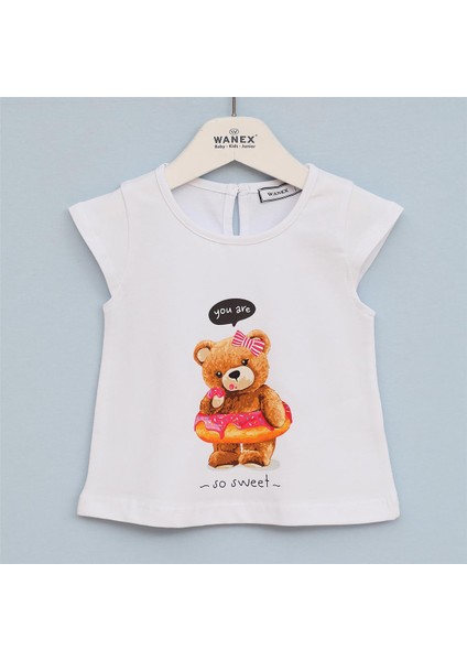 Kız Çocuk Kısa Kol Bisiklet Yaka Tişört - 32269 - Beyaz