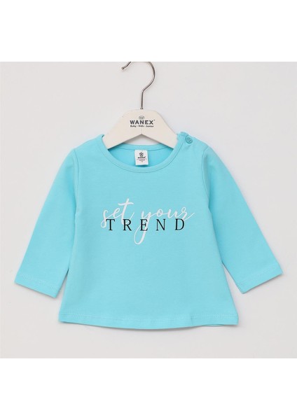 Kız Çocuk Uzun Kol Ince Bisiklet Yaka Tişört - 32290 - Turkuaz