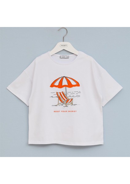Kız Çocuk Kısa Kol Bisiklet Yaka Tişört - 32282 - Beyaz
