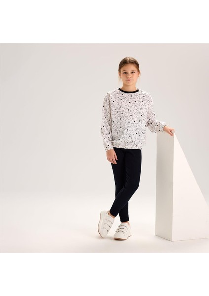 Kız Çocuk Uzun Kol Ince Bisiklet Yaka Tişört - 32266 - Beyaz - Siyah