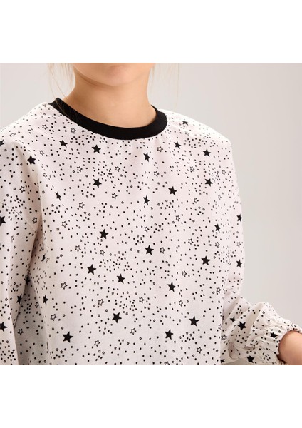 Kız Çocuk Uzun Kol Ince Bisiklet Yaka Tişört - 32266 - Beyaz - Siyah modelleri