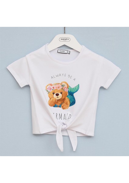 Kız Çocuk Kısa Kol Bisiklet Yaka Tişört - 32256 - Beyaz