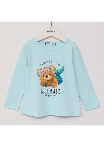 Kız Çocuk Uzun Kol Ince Bisiklet Yaka Tişört - 32302 - Mint Yeşili