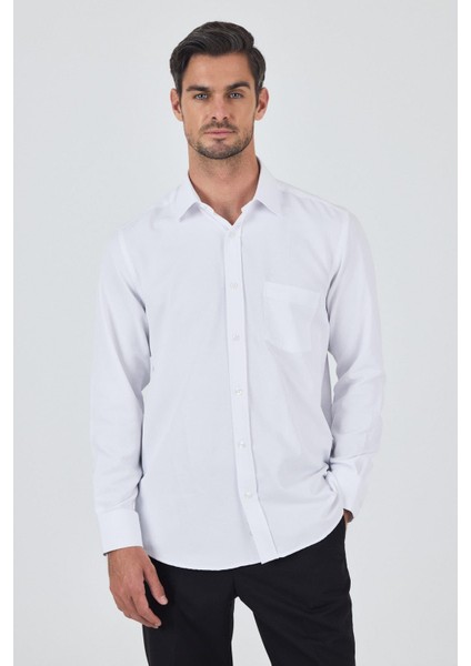 Uzun Kol Desenli Armürlü Sert Yaka Cepli Pamuklu Classic Comfort Fit Gömlek 1004250178
