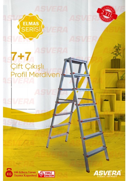 Elmas Serisi - 7+7 Basamaklı Çift Çıkışlı Galvanizli Profil Merdiven (Ev, Bahçe, İşyeri İçin Uygun)