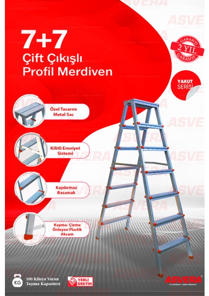 Yakut Serisi - 7+7 Basamaklı Çift Çıkışlı Galvanizli Profil Merdiven (Ev, Bahçe, İşyeri İçin Uygun)