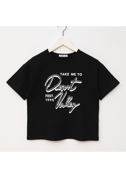 Kız Çocuk Kısa Kol Yazlık Tişört - (7 Yaş-12 Yaş) - 32458 - Siyah