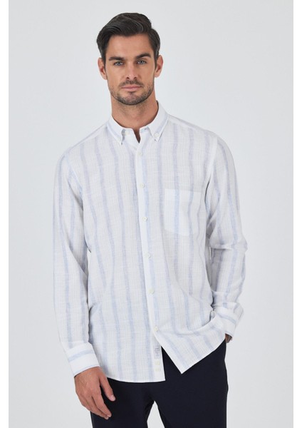 Uzun Kol Çizgili Desen Bez Ayağı Düğmeli Yaka Cepli Pamuklu Casual Comfort Fit Gömlek 1004250190