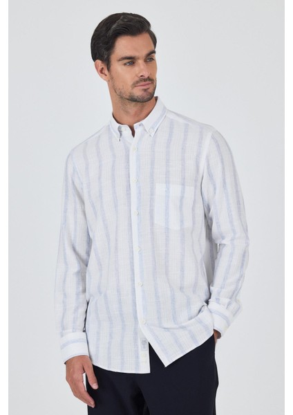 Uzun Kol Çizgili Desen Bez Ayağı Düğmeli Yaka Cepli Pamuklu Casual Comfort Fit Gömlek 1004250190 modelleri