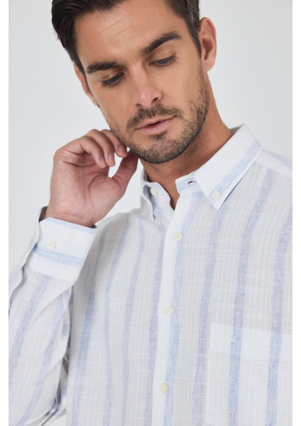 Uzun Kol Çizgili Desen Bez Ayağı Düğmeli Yaka Cepli Pamuklu Casual Comfort Fit Gömlek 1004250190 fırsatları
