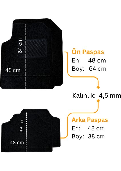 Oto Paspas Halı Kaymaz Taban Yıkanabilir Silinebilir Universal Tüm Araç ve Modellere Uyumlu Lüks Siyah Lateks Taban 4 Parça Siyah