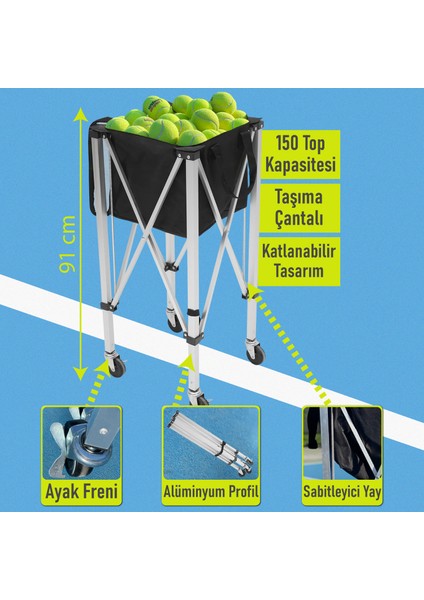 Tekerlekli Tenis Topu Sepeti 150 Top Kapasiteli Siyah