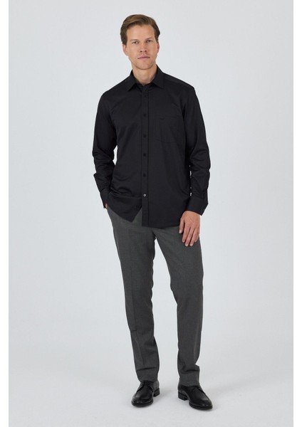 Uzun Kol Düz Bez Ayağı Sert Yaka Cepli Pamuklu Classic Comfort Fit Gömlek 1004250210