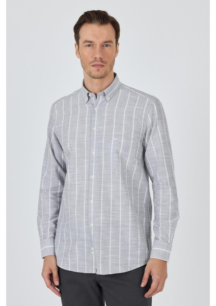 Uzun Kol Çizgili Desen Düğmeli Yaka Cepli Classic Comfort Fit Gömlek 1004250189