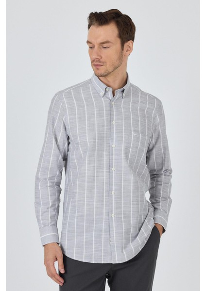 Uzun Kol Çizgili Desen Düğmeli Yaka Cepli Classic Comfort Fit Gömlek 1004250189 modelleri