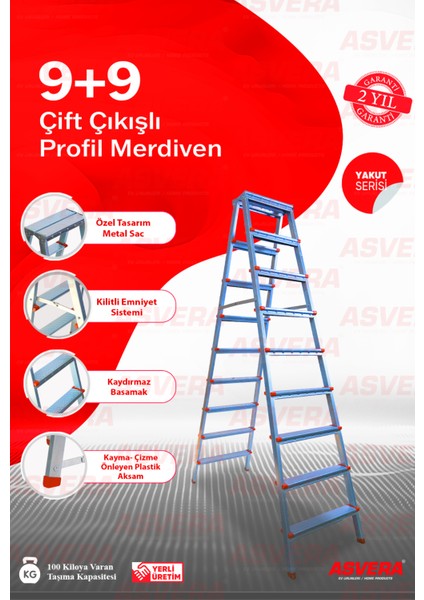 Yakut Serisi - 9+9 Basamaklı Çift Çıkışlı Galvanizli Profil Merdiven (Ev, Bahçe, İşyeri İçin Uygun)