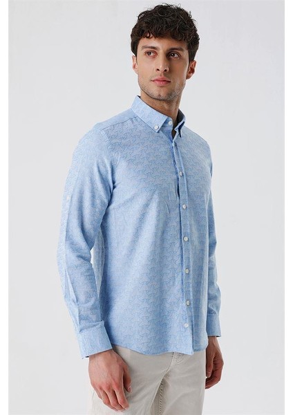 Koyu Mavi Kısalabilir Kollu Desenli Jakarlıcepsiz %100 Pamuk Casual Slim Fit Gömlek 1004230181 fırsatları