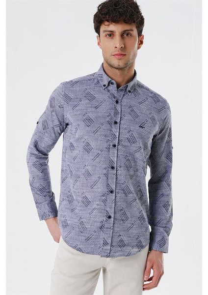 Koyu Lacivert Kısalabilir Kollu Desenli Jakarlıcepsiz %100 Pamuk Casual Slim Fit Gömlek 1004230182