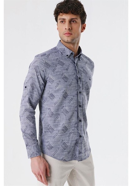Koyu Lacivert Kısalabilir Kollu Desenli Jakarlıcepsiz %100 Pamuk Casual Slim Fit Gömlek 1004230182 fiyatları
