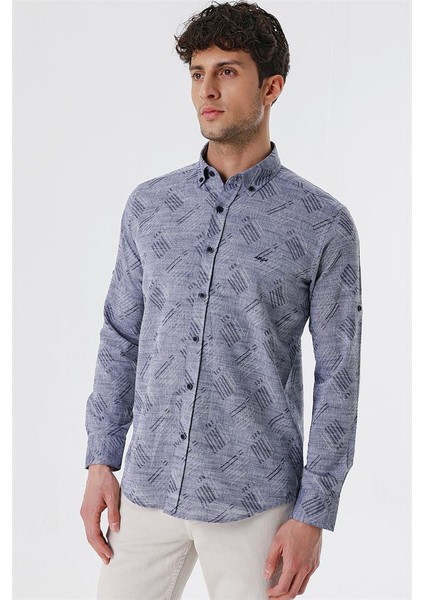 Koyu Lacivert Kısalabilir Kollu Desenli Jakarlıcepsiz %100 Pamuk Casual Slim Fit Gömlek 1004230182 modelleri