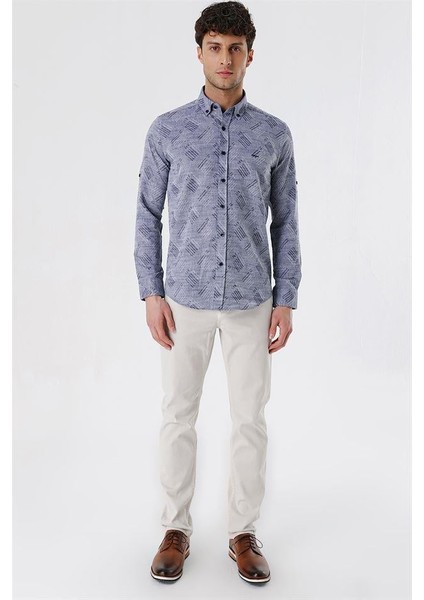 Koyu Lacivert Kısalabilir Kollu Desenli Jakarlıcepsiz %100 Pamuk Casual Slim Fit Gömlek 1004230182 fırsatları