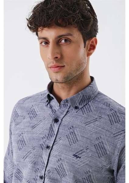 Koyu Lacivert Kısalabilir Kollu Desenli Jakarlıcepsiz %100 Pamuk Casual Slim Fit Gömlek 1004230182 indirimleri