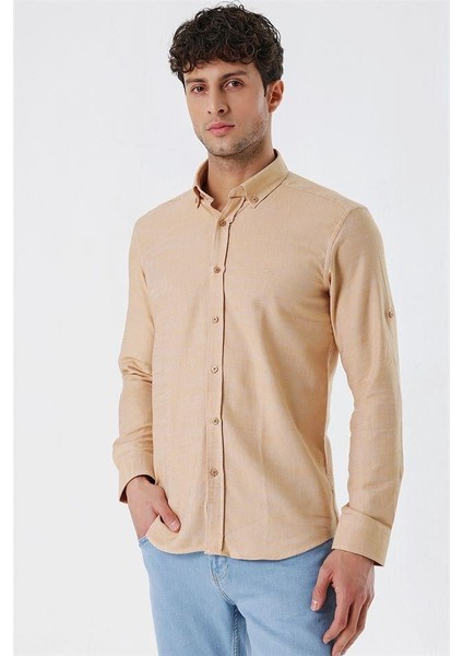 Bej Düz Desenli Slim Fit Düğmeli Yaka Kısalabilir Kol Gömlek 30180591