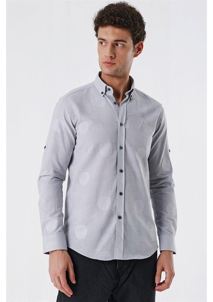 Açık Gri Kısalabilir Kollu Desenli JakarlıCepsiz %100 Pamuk Casual Slim Fit Gömlek 1004230183 modelleri