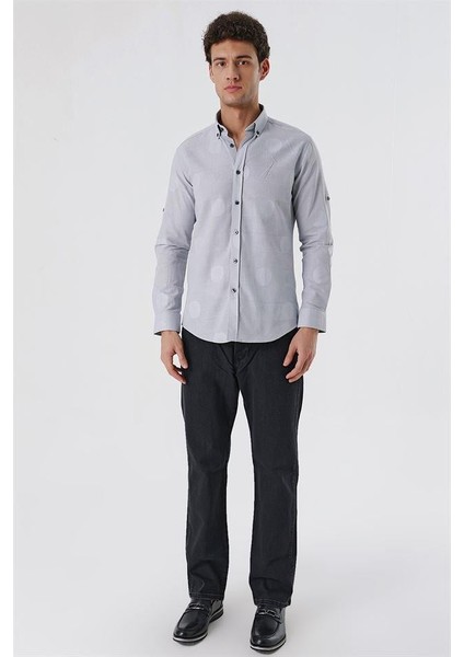 Açık Gri Kısalabilir Kollu Desenli JakarlıCepsiz %100 Pamuk Casual Slim Fit Gömlek 1004230183 fırsatları