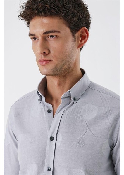 Açık Gri Kısalabilir Kollu Desenli JakarlıCepsiz %100 Pamuk Casual Slim Fit Gömlek 1004230183 indirimleri