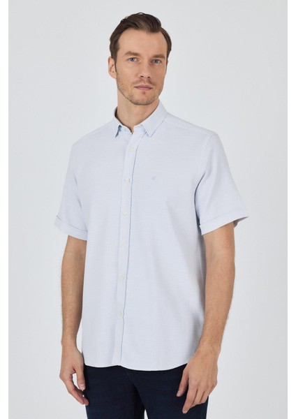 Koyu Mavi Biritli Yaka Düz Casual Pamuklu Comfort Fit Gömlek 1004250221
