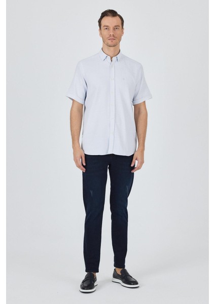 Koyu Mavi Biritli Yaka Düz Casual Pamuklu Comfort Fit Gömlek 1004250221 fiyatları