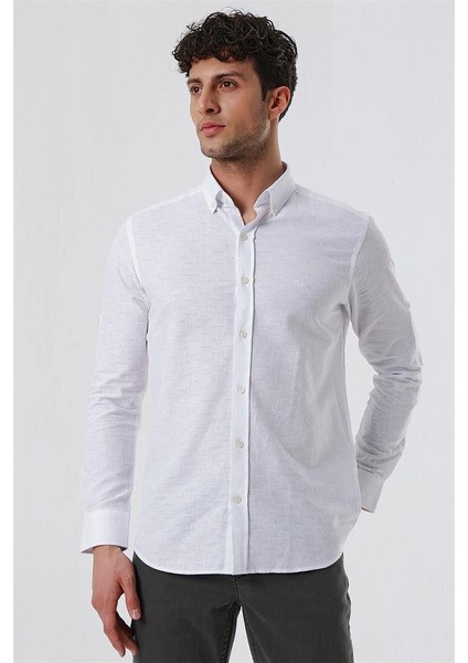 Beyaz Kısalabilir Kollu Desenli Jakarlıcepsiz %100 Pamuk Casual Slim Fit Gömlek 1004230181