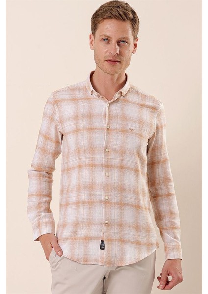 Bej Uzun Kollu Kareli Cepsiz %100 Pamuk Klasik Slim Fit Dar Kesim Gömlek 1004230176 modelleri