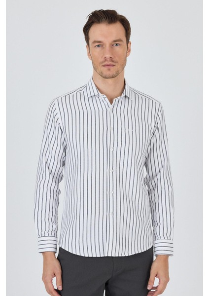 Siyah Yarım Italyan Yaka Çizgili Desen Casual Slim Fit Gömlek 1004250216