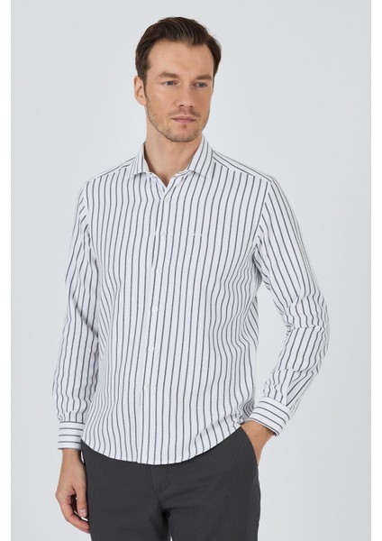 Siyah Yarım Italyan Yaka Çizgili Desen Casual Slim Fit Gömlek 1004250216 modelleri