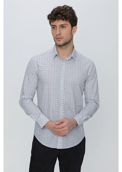 Gri Baskılı Slim Fit Uzun Kol Gömlek 25130100