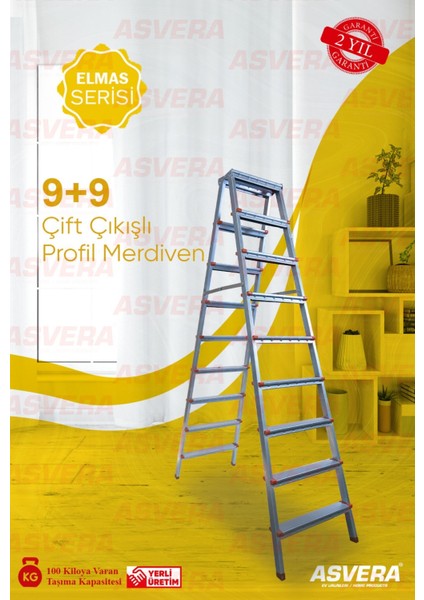 Elmas Serisi - 9+9 Basamaklı Çift Çıkışlı Galvanizli Profil Merdiven (Ev, Bahçe, İşyeri İçin Uygun)