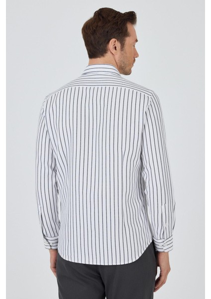 Siyah Yarım Italyan Yaka Çizgili Desen Casual Slim Fit Gömlek 1004250216 indirimleri